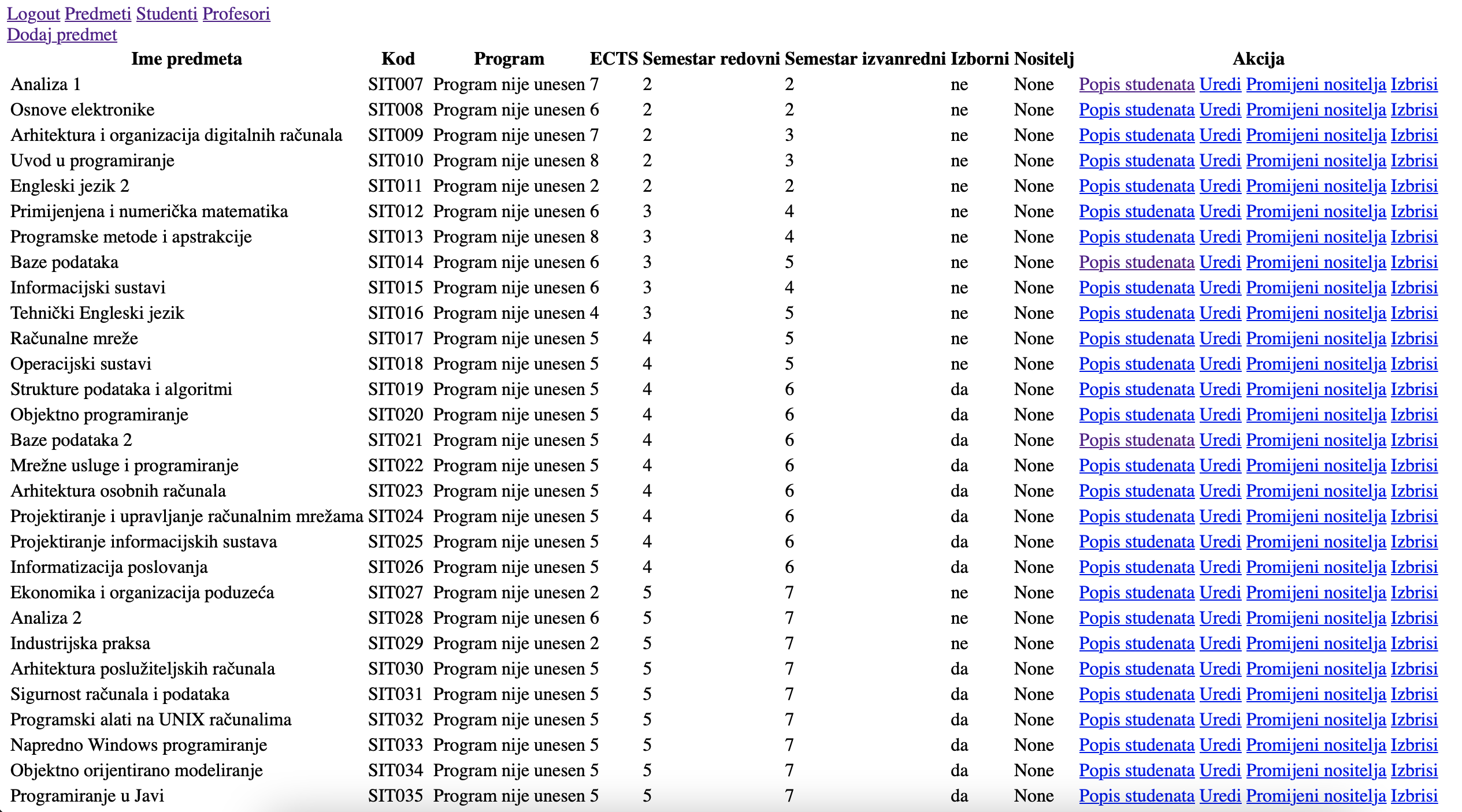 University student enrollment application - subject list